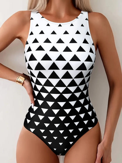 Traje de baño de moda Luxy Trio en blanco y negro para mujer, de comercio exterior, de fábrica, sin espalda, con estampado de triángulos a cuadros, ajustado, estilo coreano.