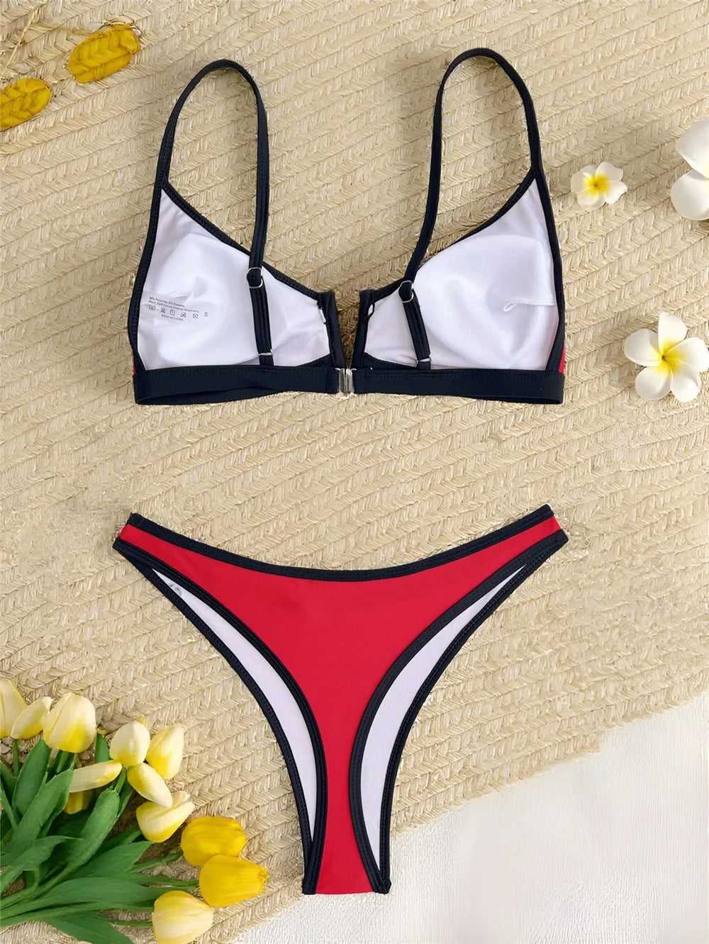 Conjuntos de bikini negros sexys con borde rosa, traje de baño con cuello en V para mujer 2025, microtanga de corte alto, bikinis de mujer