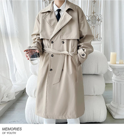 Gabardina de hombre, corte ajustado, cruzada, con cinturón, cortavientos, solapa, chaqueta larga, informal, impermeable, tallas M-5XL