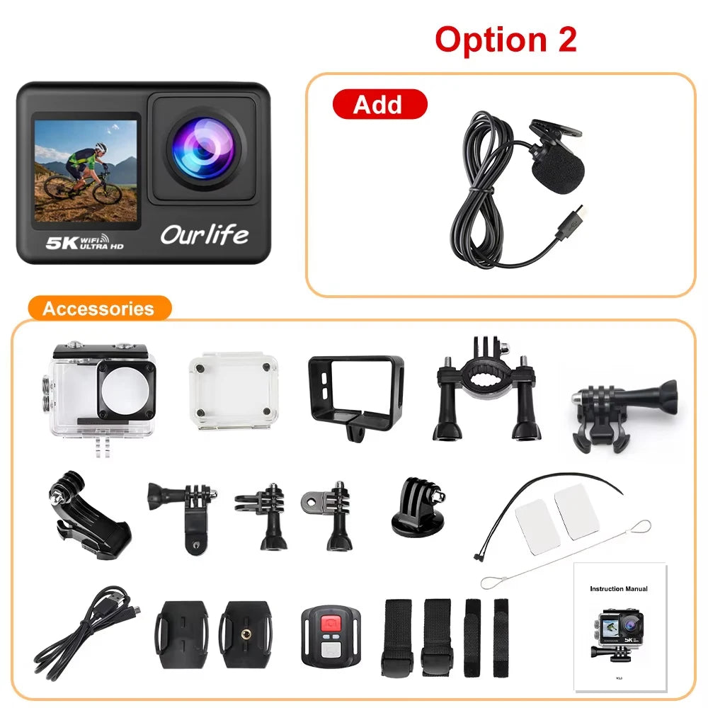 Cámara de acción Ourlife 5K 4K60FPS, pantalla táctil de 2.0 pulgadas, WiFi, gran angular de 170°, resistente al agua hasta 30 m, con casco, grabación de vídeo, cámaras deportivas.