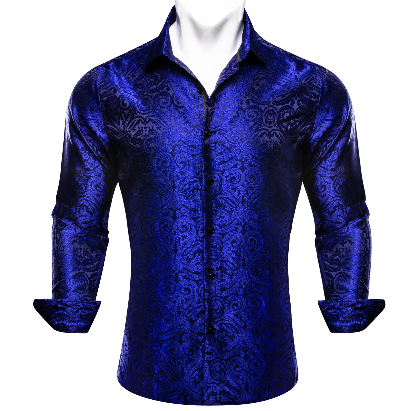 Camisas de seda de diseño para hombre en azul, dorado, verde, rojo, blanco y negro. Estampado cachemir bordado. Corte ajustado. Blusas casuales de manga larga.