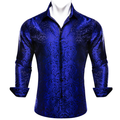 Camisas de seda de diseño para hombre en azul, dorado, verde, rojo, blanco y negro. Estampado cachemir bordado. Corte ajustado. Blusas casuales de manga larga.