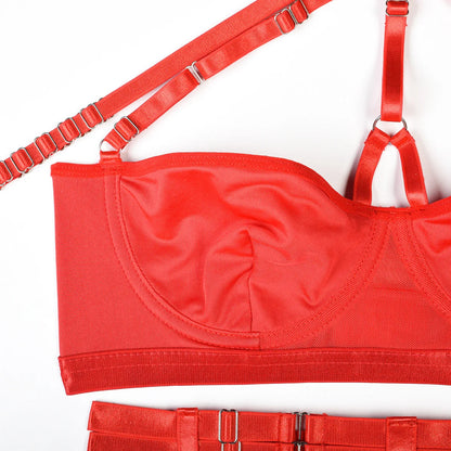Conjunto de lencería sexy para mujer, con panel de encaje, escote en V profundo, glúteos abiertos, tirantes con forma de corazón de melocotón, cadena cruzada, liguero, ropa interior de tres piezas