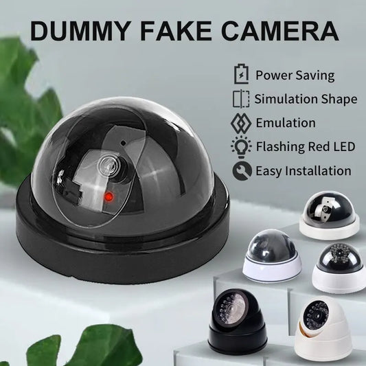 Cámara de seguridad domo falsa con luz LED roja, funciona con pilas y no requiere cableado. Ideal para interiores y exteriores.