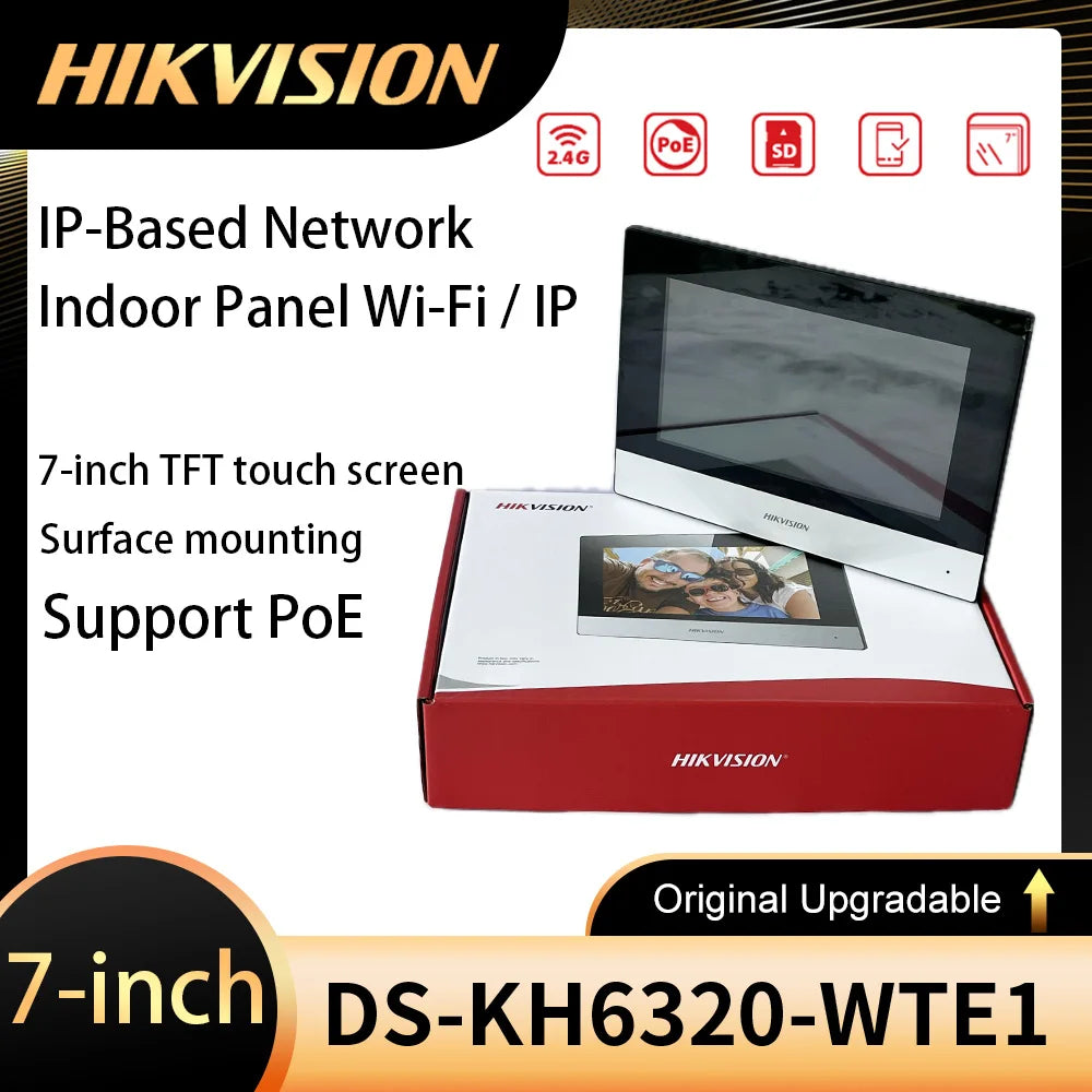 Videoportero interior Hikvision DS-KH6320-WTE1 con pantalla TFT de 7 pulgadas, PoE, WiFi, estación IP y compatibilidad con varios idiomas.