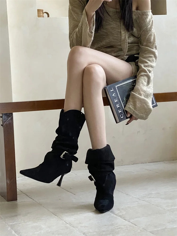 Eilyken Street Style Sexy Thin Heels Women Ankle Boots Punk Pleated Buckle Strap Booties Stripper Party Shoes Zapatos De Mujer