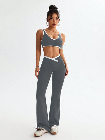 Conjunto deportivo con tirantes anchos y bloqueo de color, conjunto deportivo de una pieza para yoga y fitness con control de abdomen para mujer a prueba de golpes