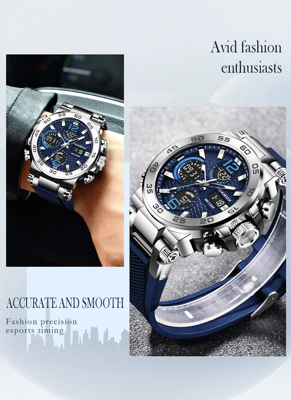 Reloj de pulsera deportivo para hombre FOXBOX Fashion Luxury Quartz, militar, impermeable, con doble pantalla, cronógrafo luminoso + CAJA