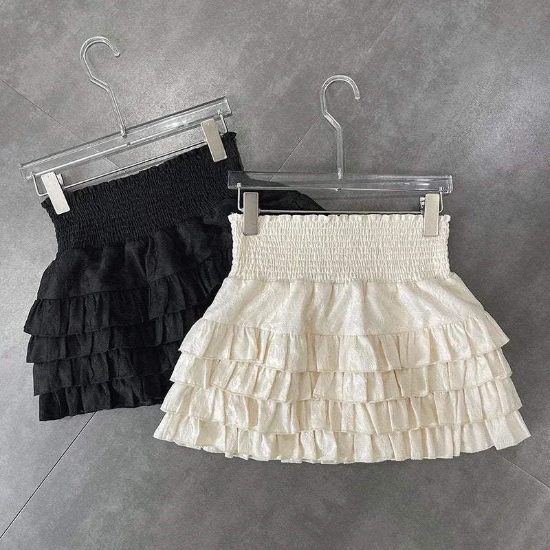 Minifaldas con volantes para mujer, estilo kawaii, de cintura alta, con encaje, estilo coreano, color negro, para verano