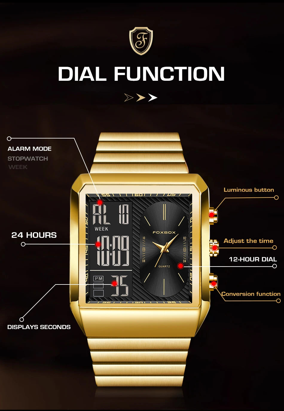 LIGE - Reloj digital cuadrado de moda para hombre, informal, deportivo, resistente al agua, de cuarzo, cronógrafo de lujo de la mejor marca FOXBOX