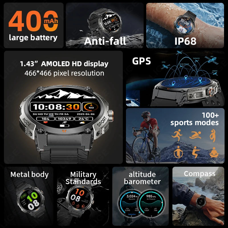 LIGE - Nuevo reloj inteligente con GPS para hombre, llamadas Bluetooth, batería grande de 400 mAh, pantalla AMOLED de 1,43 pulgadas, voz IA, IP68, resistente al agua