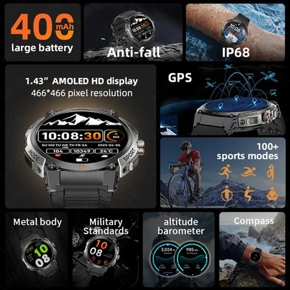 LIGE - Nuevo reloj inteligente con GPS para hombre, llamadas Bluetooth, batería grande de 400 mAh, pantalla AMOLED de 1,43 pulgadas, voz IA, IP68, resistente al agua
