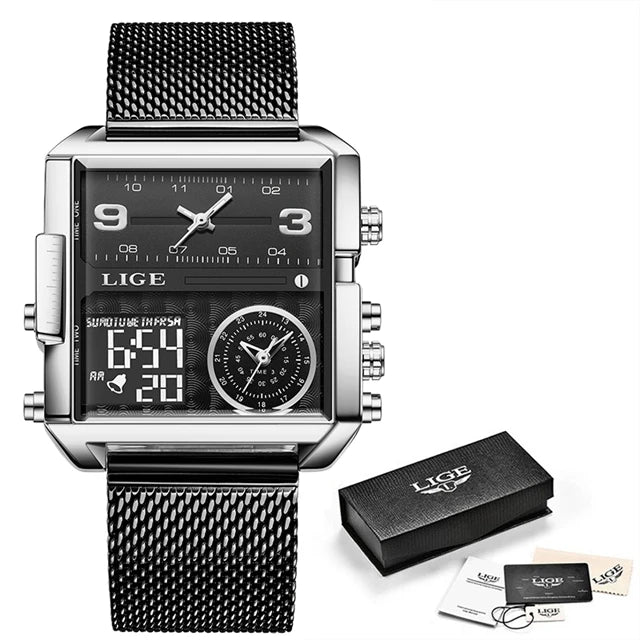 Reloj LIGE de acero negro para hombre, reloj digital con doble pantalla, cronógrafo deportivo, resistente al agua, de cuarzo, estilo militar