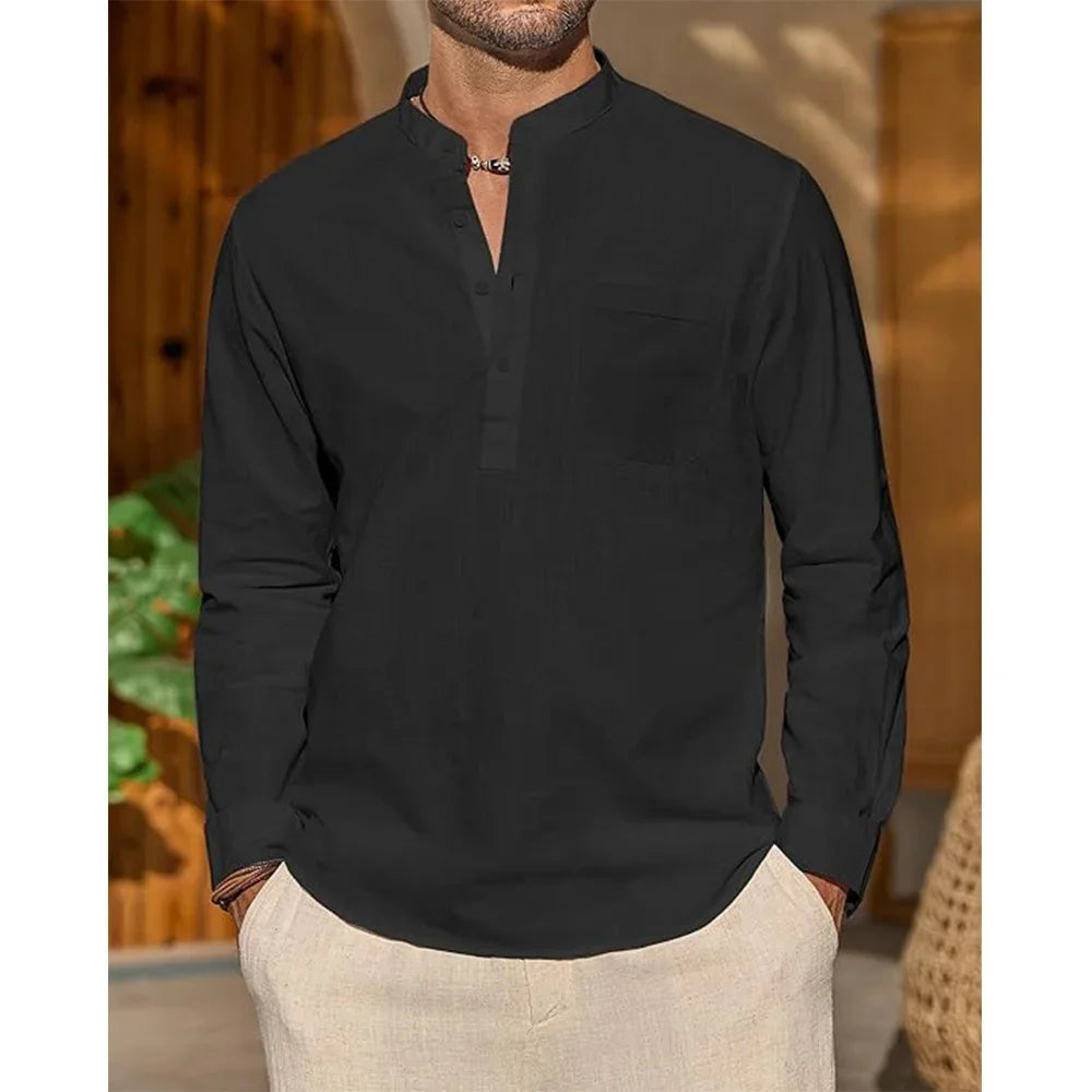 Camisa de manga larga para hombre, de algodón y lino, color liso, cuello Henley, estilo casual y moderno, ideal para el verano. Perfecta para el día a día.