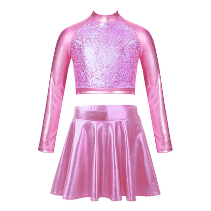 Ropa para niños, blusas sin mangas metálicas para niñas, minifalda plisada acampanada, conjunto de 2 piezas para niños, ropa de baile