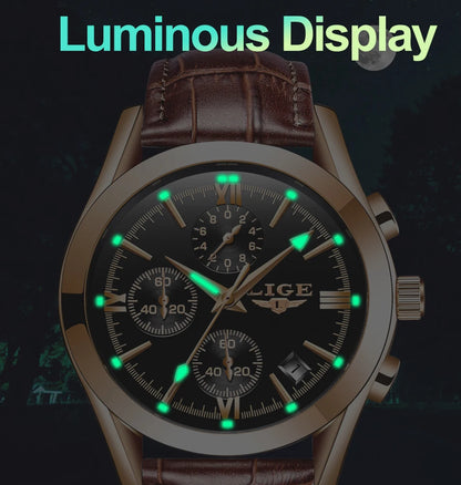 LIGE - Nuevos relojes de moda para hombre, marca superior de lujo, informal, militar, de cuero, de cuarzo, para negocios, resistente al agua, deportivo, cronógrafo