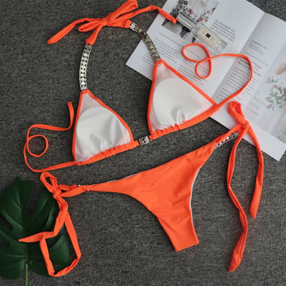 Bikini sexy de 4 colores para mujer, traje de baño liso de lujo con diamantes de imitación, estilo halter, conjunto de bikini para mujer, traje de baño de playa con tanga.