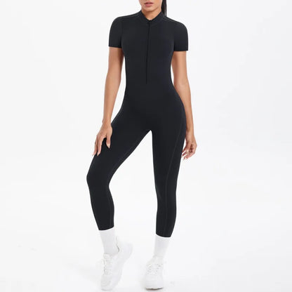 Mono deportivo de yoga sexy con cremallera frontal, espalda descubierta, manga corta, pantalones cortos, ropa deportiva para fitness, correr, gimnasio, yoga y actividades deportivas para mujer.
