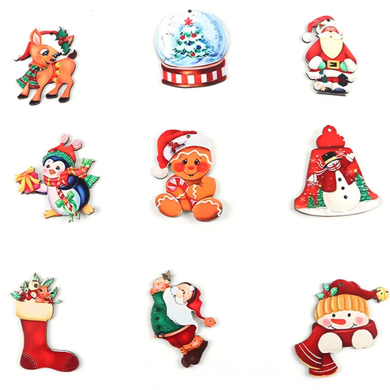 (12 piezas/paquete) Colgante de decoración navideña de madera pintado para colgar en la fiesta de Año Nuevo, árbol de Navidad, decoración del hogar, foto