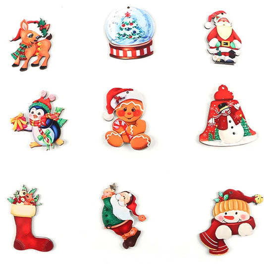 (12 piezas/paquete) Colgante de decoración navideña de madera pintado para colgar en la fiesta de Año Nuevo, árbol de Navidad, decoración del hogar, foto