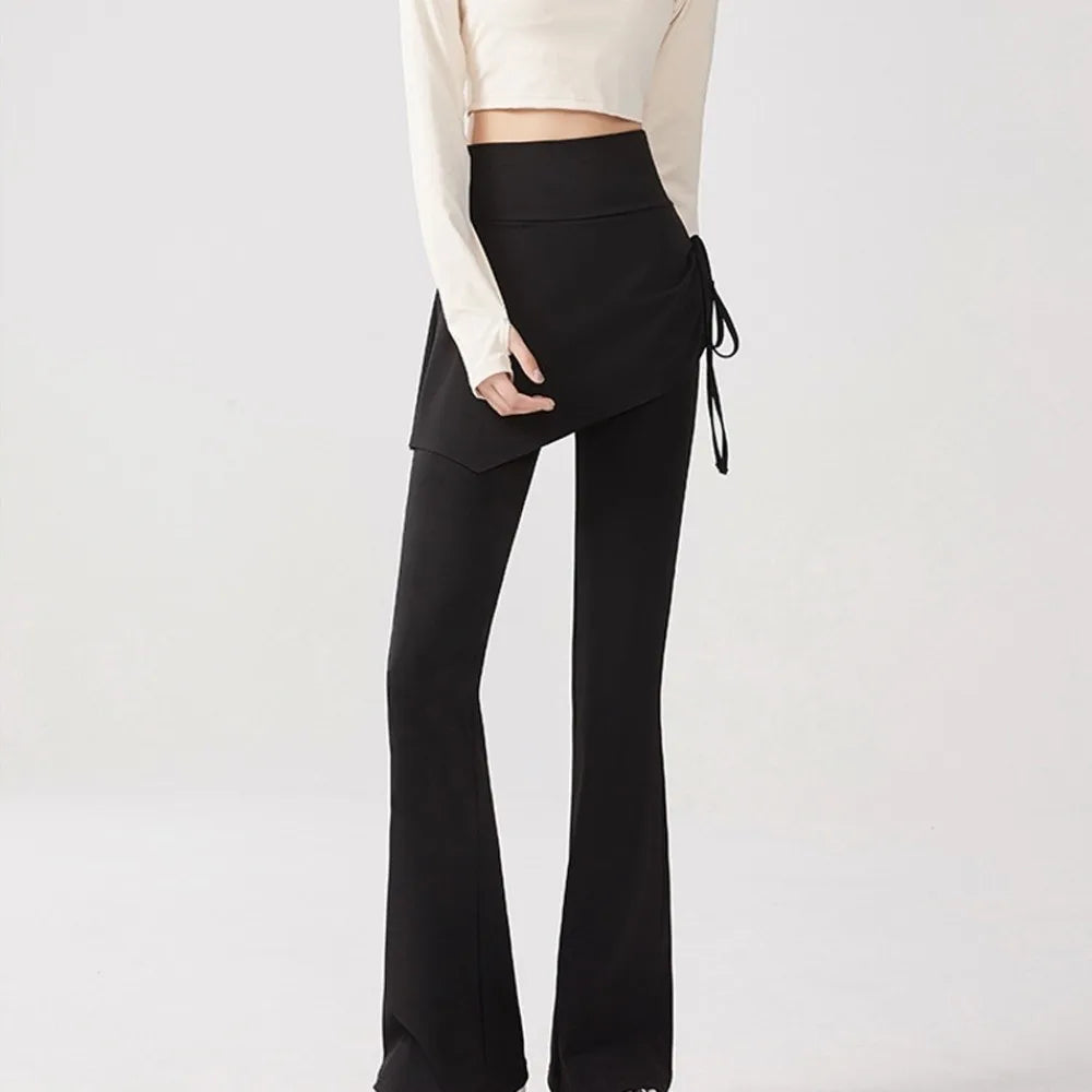 Leggings deportivas 2 en 1 con diseño de falda, dobladillo acampanado, cintura alta y cordón ajustable para yoga, actividades al aire libre y fitness.