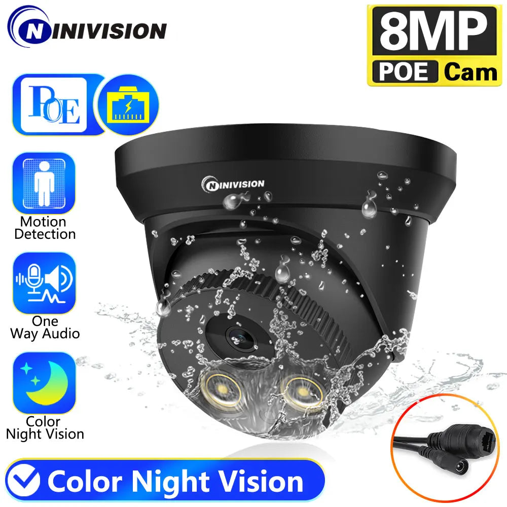 Cámara IP NINIVISION IPC-8MP HD Negra PoE Carcasa Metálica Micrófono Integrado Audio Visión Nocturna a Color Video de Vigilancia para NVR IP 4K de 10 canales