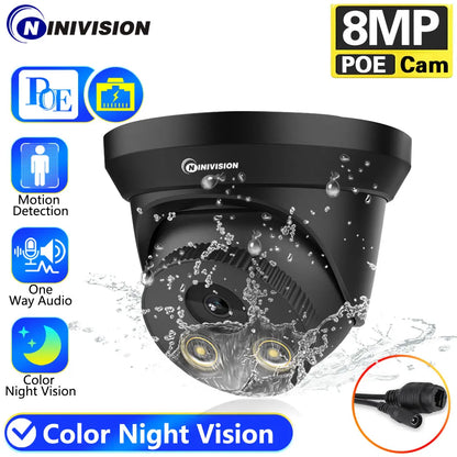 Cámara IP NINIVISION IPC-8MP HD Negra PoE Carcasa Metálica Micrófono Integrado Audio Visión Nocturna a Color Video de Vigilancia para NVR IP 4K de 10 canales