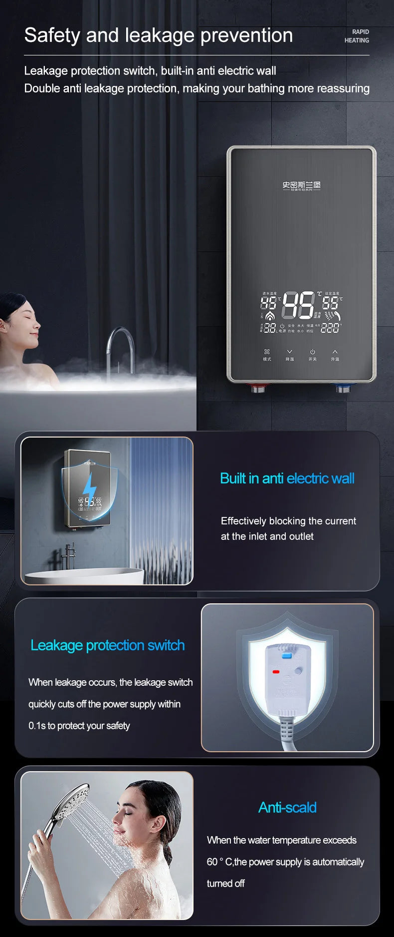 Calentador eléctrico instantáneo de agua IPX4, 7500 kW, calentamiento rápido, sin tanque, con pantalla LED y resistencia al agua.