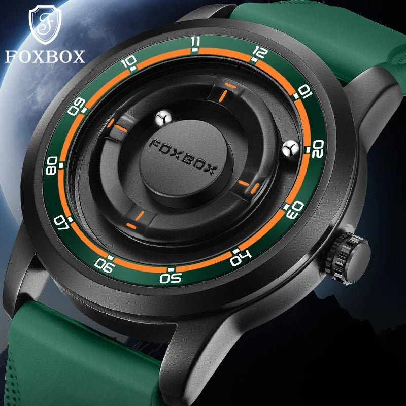 Reloj de pulsera de cuarzo para hombre FOXBOX Fashion, verde, de silicona, resistente al agua, con puntero deslizante y fuerza magnética, para deportes al aire libre.