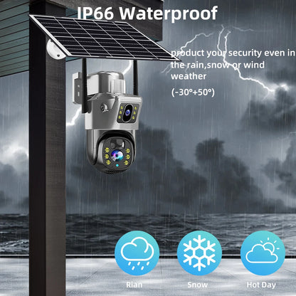 Cámara de seguridad CCTV V380 Pro 4K 8MP con 2 lentes, WiFi 4G, energía solar, visión nocturna PIR para exteriores, IP66, batería de bajo consumo.