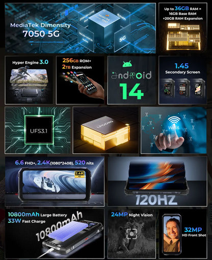 Teléfono móvil resistente HOTWAV Hyper 7 Pro 5G con cámara de 200 MP, Android 14, pantalla FHD+ de 6,6" a 120 Hz, 36 GB (16+20) de almacenamiento interno, 256 GB de almacenamiento externo, batería de 10800 mAh y carga rápida de 33 W.