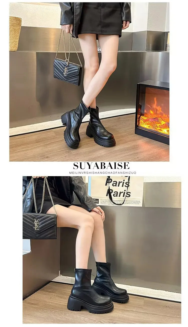 Botines con plataforma para mujer, con aumento de altura, elásticos, adelgazantes, modernos, para otoño e invierno