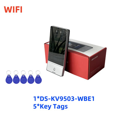 Estación de puerta IP Hikvision DS-KV9503-WBE1 con reconocimiento facial, Wi-Fi y alimentación PoE; Monitor inalámbrico para interiores DS-KH6350-WTE1.