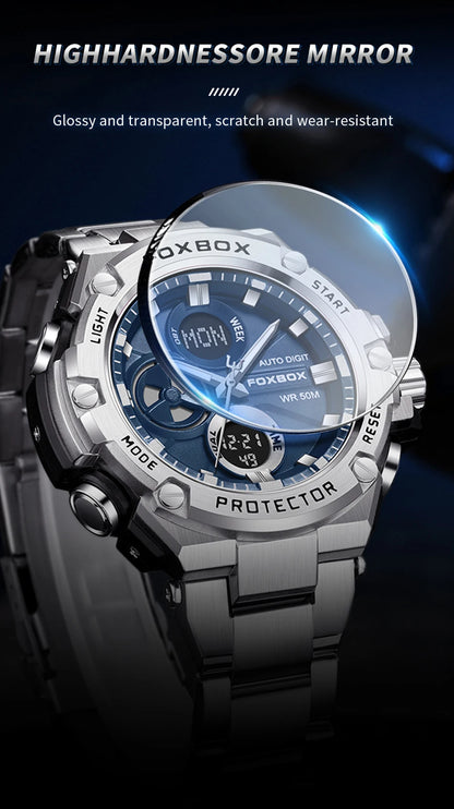 FOXBOX Relojes deportivos de lujo para hombre, reloj de pulsera de cuarzo de lujo, acero, resistente al agua, doble pantalla, relojes militares para hombre, reloj hommes