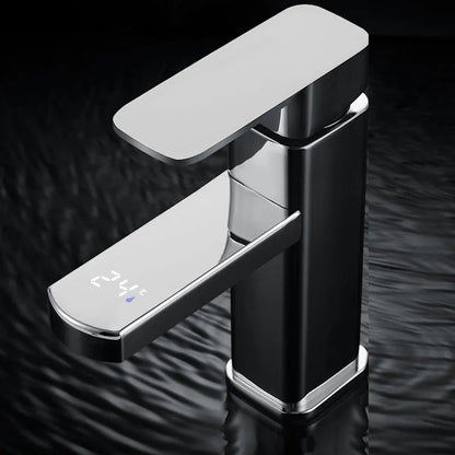 Grifo mezclador digital de temperatura KKTNSG LED para lavabo, con instalación sobre encimera y grifo para agua fría y caliente.