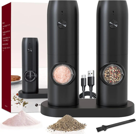 Juego de 2 molinillos eléctricos de sal y pimienta, molinillo de pimienta automático, recargable por USB, grosor ajustable, manejo con una sola mano