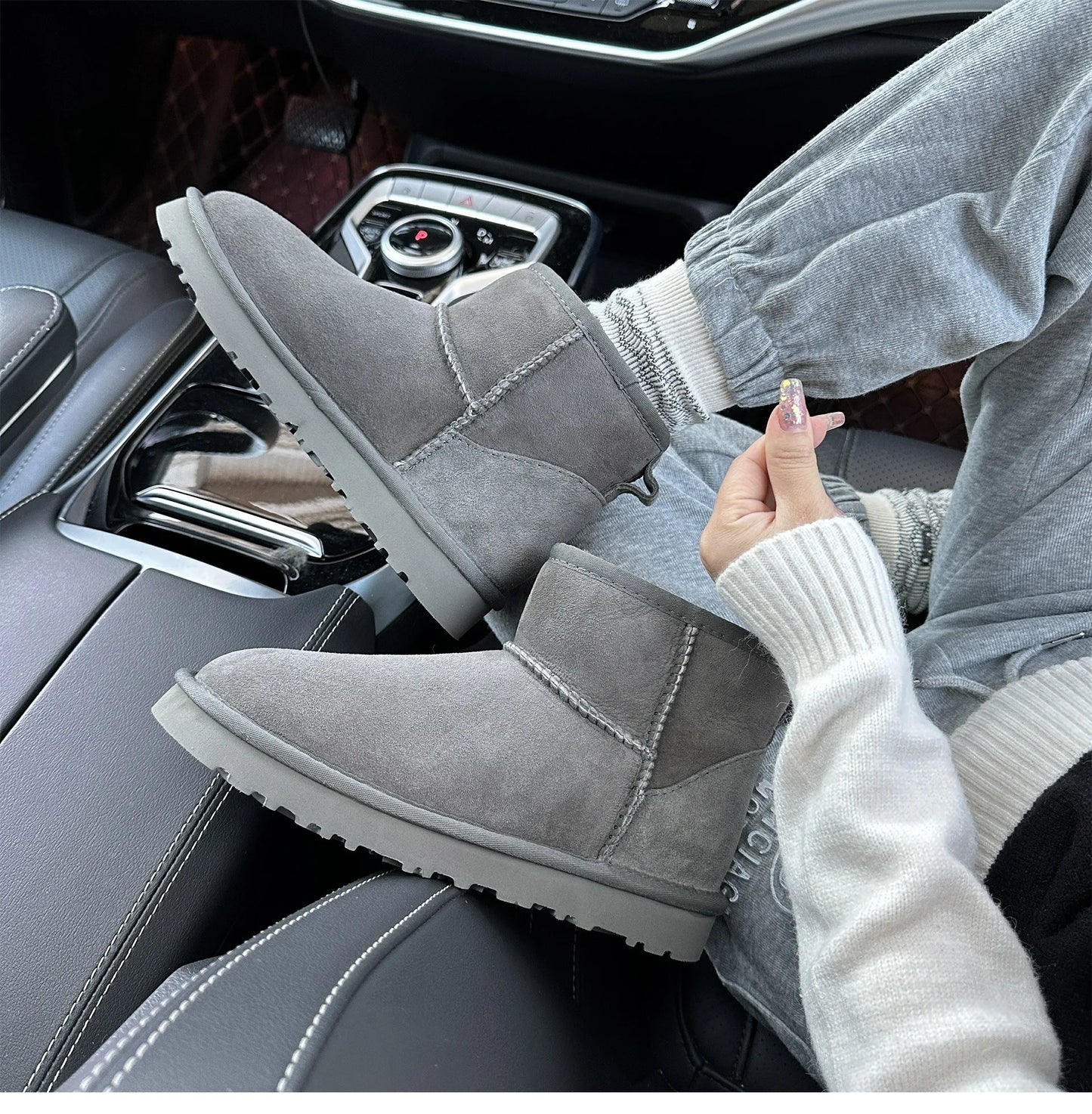 Botas de nieve integradas de piel de oveja y lana para hombres y mujeres, cuero auténtico y piel, botas de invierno gruesas y cálidas para mujer.