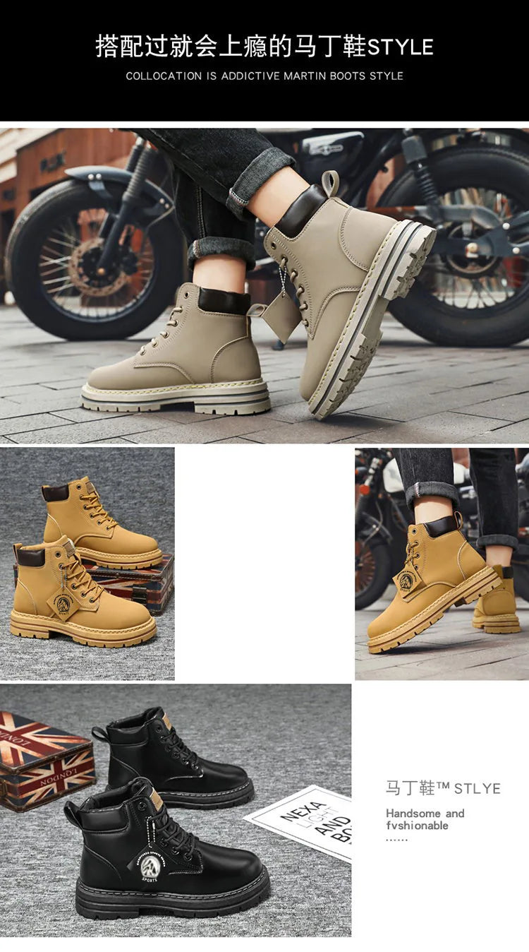 Botas altas de piel para hombre, zapatos de moda para motociclista, botines de invierno con cordones, botas vaqueras.