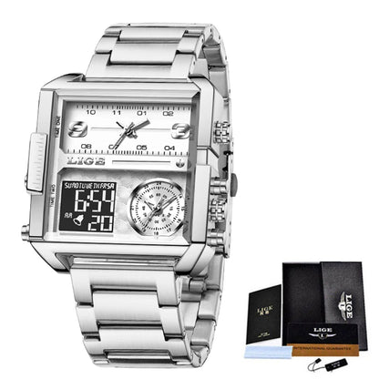 Reloj LIGE de acero negro para hombre, reloj digital con doble pantalla, cronógrafo deportivo, resistente al agua, de cuarzo, estilo militar