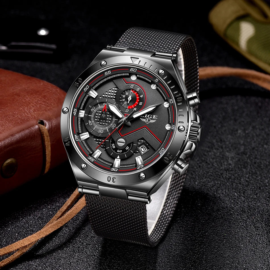 LIGE - Reloj de cuarzo de lujo para hombre, marca superior, moderno, de negocios, con correa de malla, resistente al agua, luminoso, cronógrafo