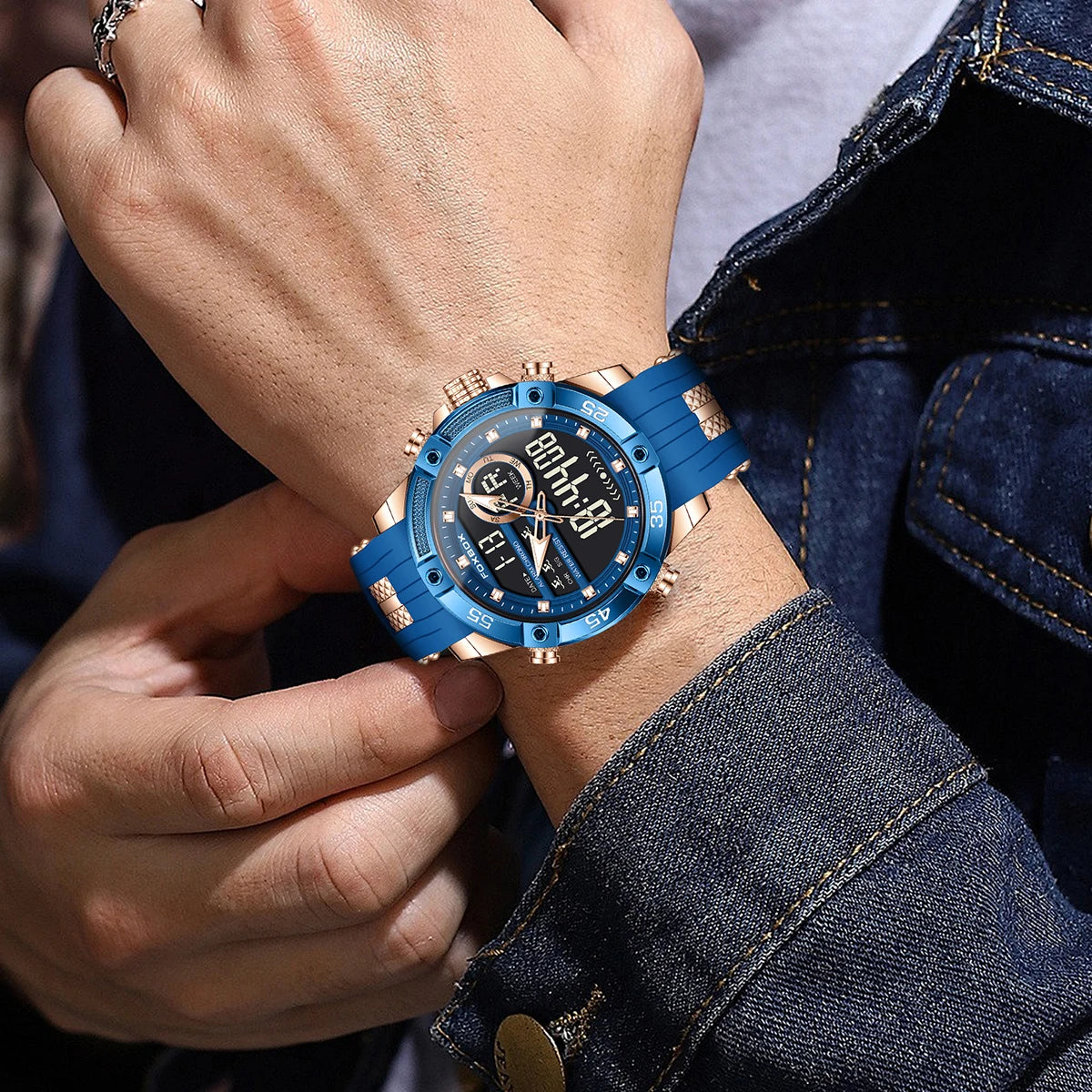 Reloj de pulsera de cuarzo de lujo FOXBOX para hombre, deportivo, impermeable, con doble pantalla, LED digital militar, de acero, para negocios + caja.