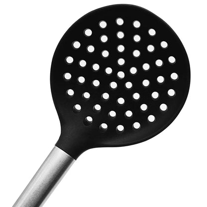 Cuchara ranurada de silicona, libre de BPA y resistente al calor hasta 268 °C, mango de acero inoxidable, espumadera de cocina antiadherente sin costuras.