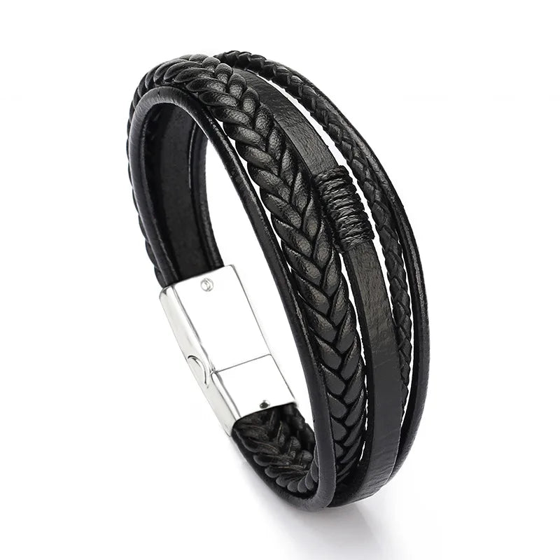 Pulseras de cuero de moda para hombre, pulseras de cuerda trenzada multicapa, pulseras masculinas, joyería, pulsera para hombre