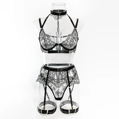 Tornova - Conjunto de ropa interior sexy con bordado de 5 piezas para mujer, de malla con retazos, transparente, con cuello halter y ligas, lencería sexy