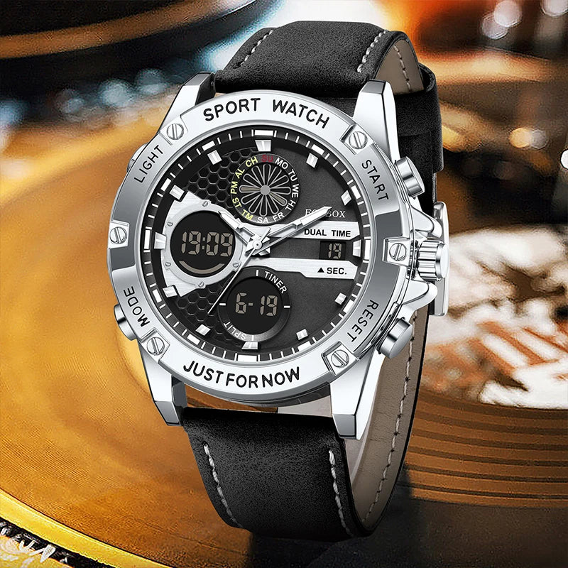 FOXBOX Relojes de lujo de moda para hombre, reloj de pulsera luminoso resistente al agua con fecha y doble horario para hombre, relojes de cuarzo para hombre, relojes masculinos