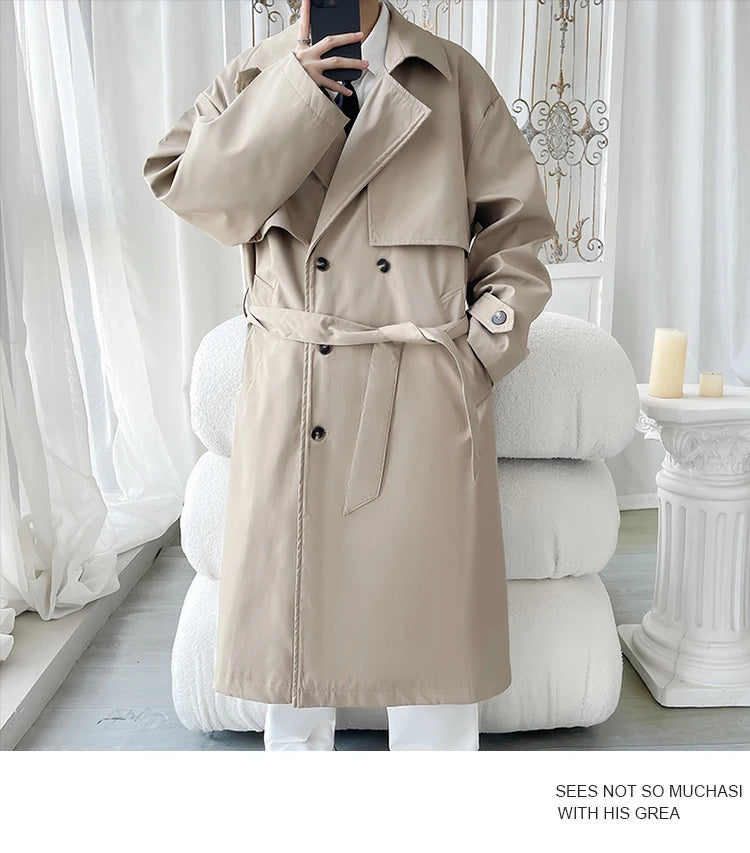 Gabardina de hombre, corte ajustado, cruzada, con cinturón, cortavientos, solapa, chaqueta larga, informal, impermeable, tallas M-5XL