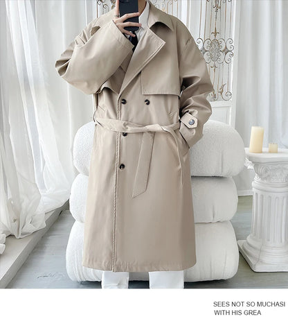 Gabardina de hombre, corte ajustado, cruzada, con cinturón, cortavientos, solapa, chaqueta larga, informal, impermeable, tallas M-5XL