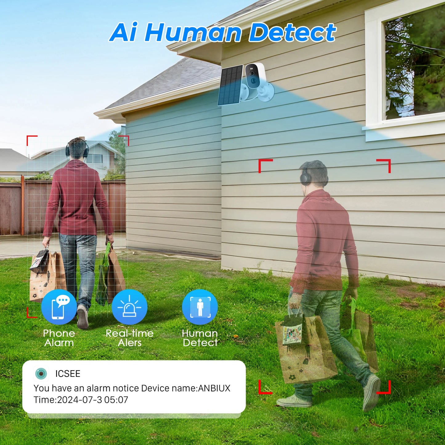 Cámara de seguridad tipo bala inalámbrica para exteriores, 1080p, WiFi, con alimentación solar y batería, tipo batería, con sensor de movimiento PIR, almacenamiento en la nube y audio bidireccional.