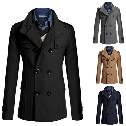 2025 New Jacket Men's Windbreaker Winter Men's Woolen Blend Double Breasted Standing Collar Long Sleeved Casual Jacket Jacket