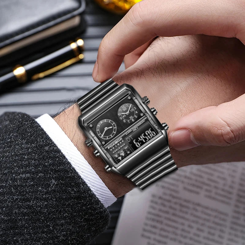 LIGE - Nuevo reloj para hombre, cuadrado, luminoso, deportivo, correa de acero inoxidable, doble pantalla, reloj de pulsera de cuarzo, reloj militar resistente al agua